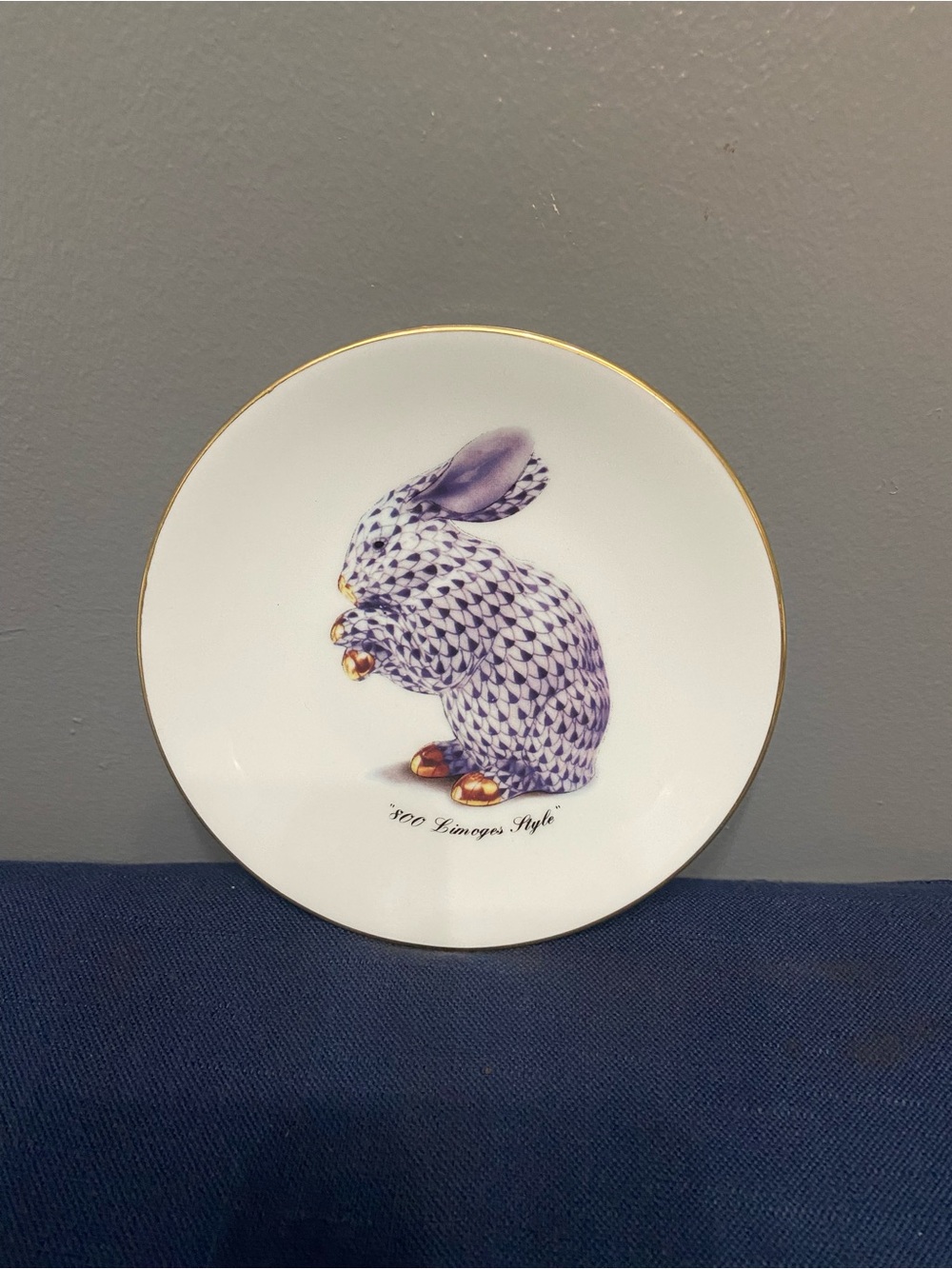 Vintage GODINGER 800 LIMOGES Style Blue Fishnet Rabbit Plate Gold Accents